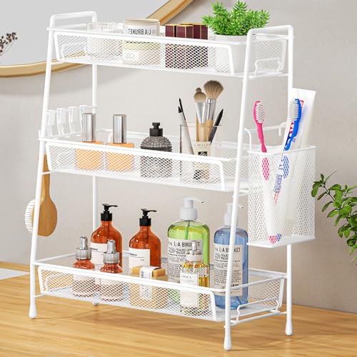 VITVITI 3-Tier Bathroom Organizer Countertop, Metal Wire Mesh Bathroom Counter Organizer Storage with Basket Hooks, Vanity Tray Shelf, Kitchen Spice Rack (White) - color: 3 Tier Large White