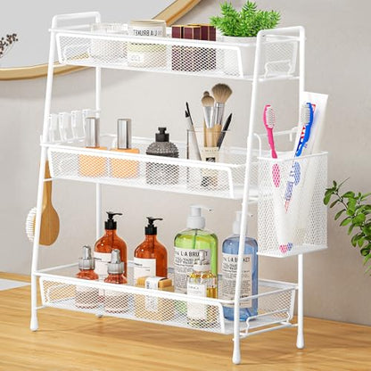 VITVITI 3-Tier Bathroom Organizer Countertop, Metal Wire Mesh Bathroom Counter Organizer Storage with Basket Hooks, Vanity Tray Shelf, Kitchen Spice Rack (White) - color: 3 Tier Large White