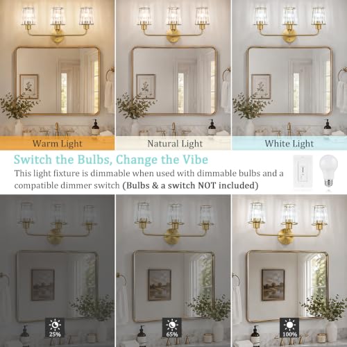 Brushed Gold Vanity Lights, 3-Light Crystal Bathroom Light Fixtures | Modern Bathroom Vanity Light E26 Wall Light over Mirror (Exclude Bulb) - color: Brushed Gold, size: 3-Light