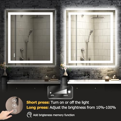 Hivone 32"X36" LED Bathroom Mirror with Lights, Anti-Fog, Dimmable, Backlit + Front Lit, Smart Bathroom Vanity Mirror, Memory Function, Shatterproof, Tempered Glass (Horizontal/Vertical) - size: 32"L x 36"W