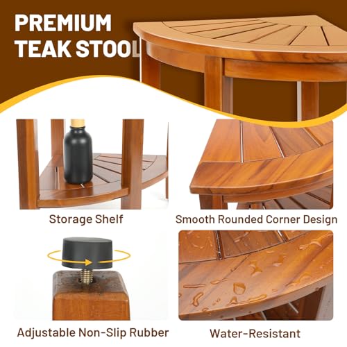 18" Premium Teak Corner Shower Bench with Shelf, Solid Teak Shower Stool, Durable Waterproof Wooden Seat for Inside Shower, Teak Wood Bench for Bathroom, Indoor & Outdoor Use