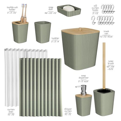 Clara Clark Bathroom Accessories Set - Bathroom Set, Bathroom Accessory Set, Shower Curtain Set, Toilet Brush, Trash Can & Soap Dispenser - Sage Green - 20PC | 20 Piece Sage Green Bathroom Accessories Set with Toothbrush Holder, Soap Dispenser, Soap Dish,