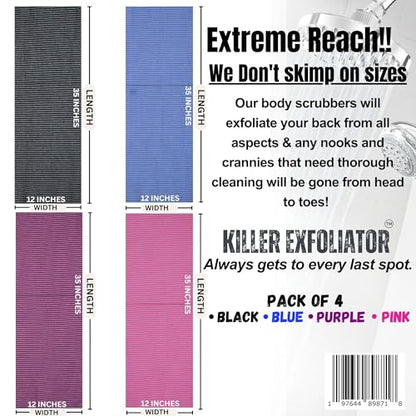 Premium Extra-Rough Japanese Exfoliating Body Scrubber: Extra Long, Hygienic, Body Scrubber Exfoliator for Men & Women - 4 Count Pack (Black, Blue, Purple & Pink)