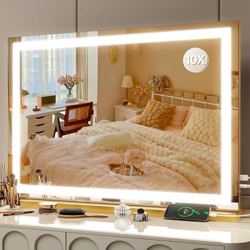 FENNIO Vanity Mirror with Lights 32"x22", Lighted Makeup Mirror, Large Vanity Mirror, Touch Sensor with 3-Color Lighting, 10X Magnification and USB Charging Port for Vanity Desk（Square Gold） - color: Gold, size: 22.5"L x 31.5"W