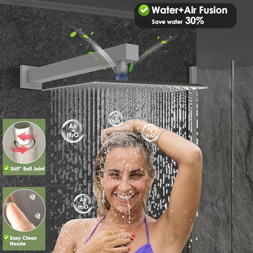 Enga Dual Shower Head System with Body Jets, 12"+ 6" Wall Mounted Dual Rain Shower Faucet with Valve Kit, Brushed Nickel - color: Brushed Nickel, style: Wall-12"+6"+Jets
