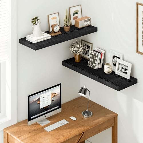 Vivelove Black Floating Shelves 36 Inch, 12 Inch Deep, Set of 2 | Invisible Brackets, Easy Mount Shelf with Hardware Kit, for Bathroom Bedroom Living Room Kitchen, Engineered Wood - color: Black, size: 35.4”wx12”dx1.5”h