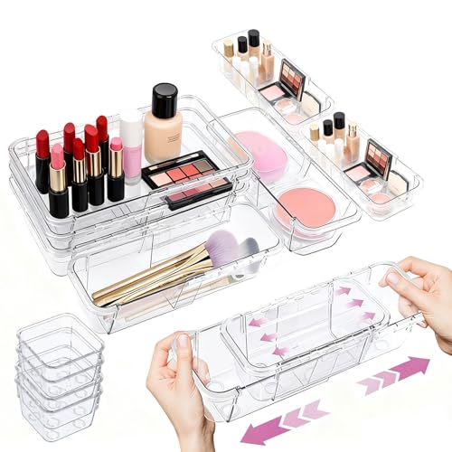 16 Pcs Upgraded Extendable Clear Drawer Organizer, Adjustable Vanity Storage Box, 3-Size Desk Drawer Organizer, Durable Storage Bins for Makeup, Cosmetic, Bedroom Dressers Tool Organizer for Gadgets - color: 4Pcs Large+8Pcs Middle+4Pcs Small