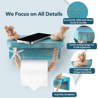 Nautical Rope Toilet Paper Holder Beach Farmhouse Bathroom Decor | Pre-Assembled Wall Mounted Coastal Ocean Starfish Rope Towel Rack Unique Tissue Roll Holder with Wood Shelf Blue - color: Rustic Sea Blue