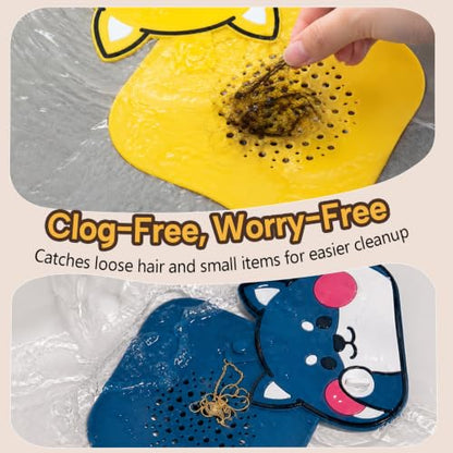 2Pack Square Shower Drain Hair Catcher for Bathtub and Shower | Khaki thick silicone, cartoon animal design, reusable hair stopper for floor drains, kitchen laundry room utility use - color: Yellow
