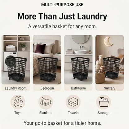 Heavy Duty Rolling Laundry Hamper with Wheels - 2.6 Bushel (90L+) Large Plastic Laundry Basket, Tall Ventilated Dirty Clothes Organizer for Bedroom, Bathroom & Dorm Room, No Assembly Required (Black) - size: Black