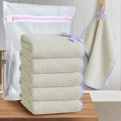 VOOVA & MOVAS Waffle Wash Cloths 6 Pack, 100% Cotton, 16x16 in, Beige | Designed for Face & Body Cleansing, Built-in Hanging Loop, Purple Piping, Waffle Weave Material - color: Purple Piping, size: 6PC Washcloth (16"x16")