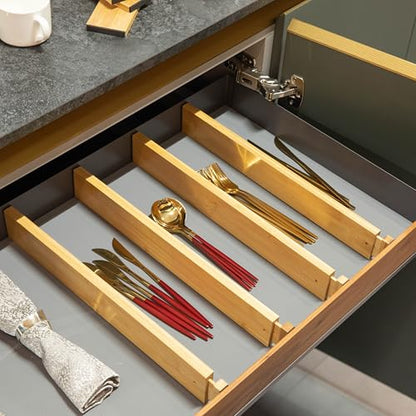 4 Piece Bamboo Expandable Drawer Dividers Adjustable Spring Loaded Organizers for Kitchen Utensils Clothes and Makeup Tools Perfect for Home Organization in Bedroom Bathroom Dresser & Desk - size: 4 Piece