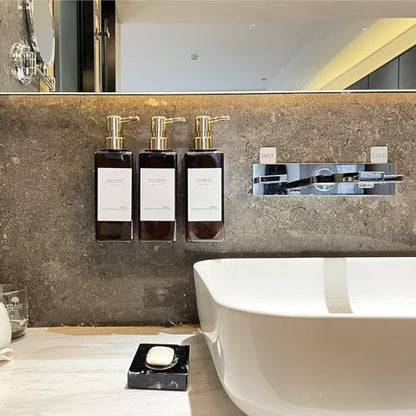 Shampoo and Conditioner Dispenser, No Drill, 16 Waterproof Labels | Shampoo Dispenser for Shower Wall, Shower Soap Dispenser Wall Mounted 3 Chamber, Bathroom, 17oz, Gold Amber - color: Amber Bottle + Gold Pump