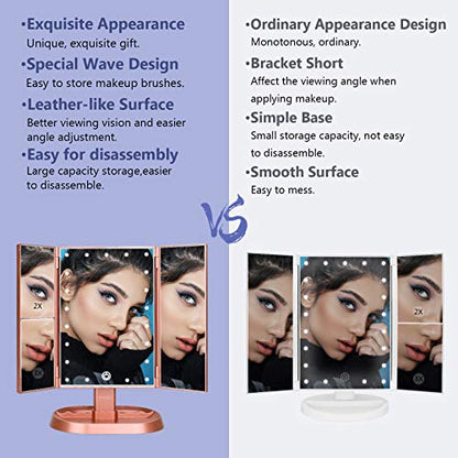 Trifold Lighted Vanity Makeup Mirror with 21 LEDs Lights,1x/2x/3x Magnification and Touch Screen Dimming,Two Power Supplies Makeup Mirror, Gift for Women - color: Rose Gold