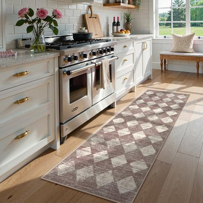 Checkered Kitchen Runner Rug 2x6 Beige, Non Slip Washable Hallway Bathroom - color: Beige, size: 2' x 6' (Runner)