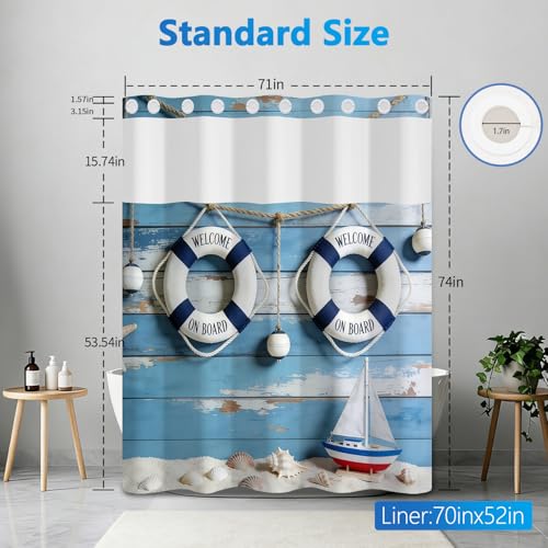 No Hook Shower Curtain with Snap in Liner, Nautical Themed Lifebuoy Shower Curtain with Mesh Top Window and Weighted Hem, 71x74 Inch Double-layer Waterproof Fabric Shower Curtain and Button Liner Set - color: Lifebuoy
