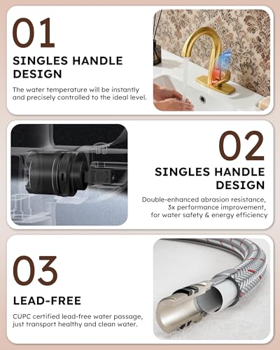WOWOW Single Handle Bathroom Faucet 1 Hole High Arc Bathroom Basin Faucet Gold with Pop Up Drain, Solid Brass Commercial Bathroom Sink Faucet Basin Vanity Bar Faucet (Patented Product) - color: Gold