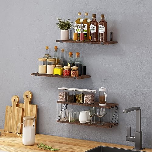 Fixwal 3+1 Tier Bathroom Floating Shelves Over Toilet, Dark Brown | Dark Brown Wood Shelf Set with Toilet Paper Storage Basket, Natural Finish, 40Lb Weight Limit, Quick Mount, Versatile - color: Dark Brown