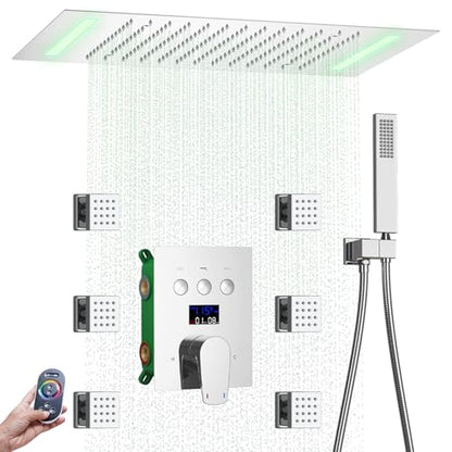 Bathroom Shower System Ceiling 14x20 Inch Shower Head, Spray With Handle, 6 PCS Body Jet And Handheld, Temperature Display Shower Faucet Set (Chrome) - color: Chrome