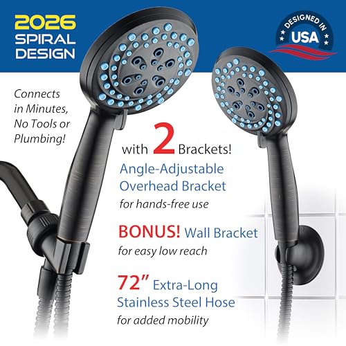 AquaCare New 8-mode High Pressure Handheld Shower Head w/ 2-way Power Wash | Stay Clean Nozzles, Dual Power Wash for Tub, Tile & Pets, Long 6 ft. Stainless Steel Hose, Wall & Overhead Brackets / Bronze - color: Bronze
