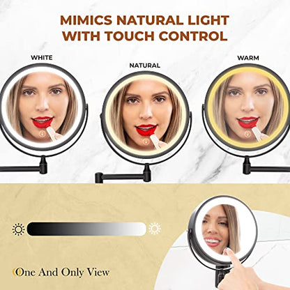 Wall Mounted Lighted Makeup Mirror - Swing Arm Vanity Mirror with Lights and 10X Magnification for Bathroom - Includes Rechargeable LED Cable and Instruction Manual