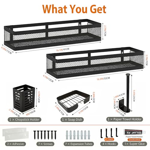 PUSDON 5-in-1 16.5" Extra Long Slim Wall Mount Wrapped Mesh Kitchen Organizer & Shower Caddy Kit, with Paper Towel Holder, Utensil Holder, Soap Dish, Holds 50LBS - Matte Black, Netting - color: Matte Black, size: 5-in-1 Full Mesh (16.5" Extra Long)