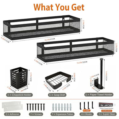 PUSDON 5-in-1 16.5" Extra Long Slim Wall Mount Wrapped Mesh Kitchen Organizer & Shower Caddy Kit, with Paper Towel Holder, Utensil Holder, Soap Dish, Holds 50LBS - Matte Black, Netting - color: Matte Black, size: 5-in-1 Full Mesh (16.5" Extra Long)