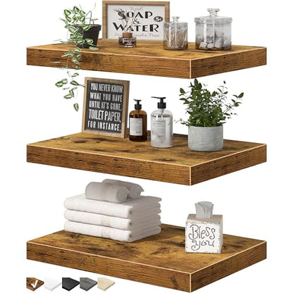 QEEIG 10" Deep Floating Shelves for Wall - 10 x 16 inch Book Shelf Bathroom Bedroom Kitchen Living Room Hanging Bookshelf Farmhouse Set of 3, Rustic Brown (025-40BN3) - color: A. Brown, size: 15.7" x 10"