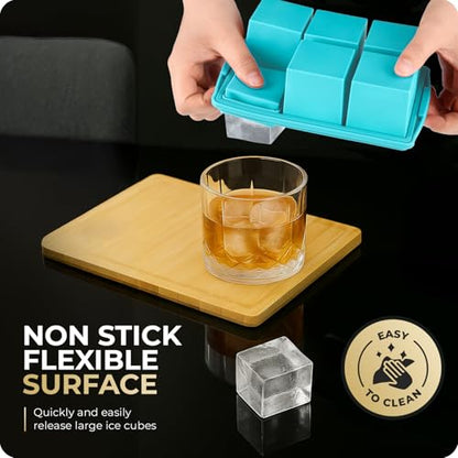 Large Ice Cube Trays for Whiskey, Silicone Ice Cube Tray, with Reinforced Steel Ring Top, Makes 12 perfect 2-in ice cubes, Square Ice Tray for Cocktails, Whiskey, Coffee. (2 Pack) - color: Water blue