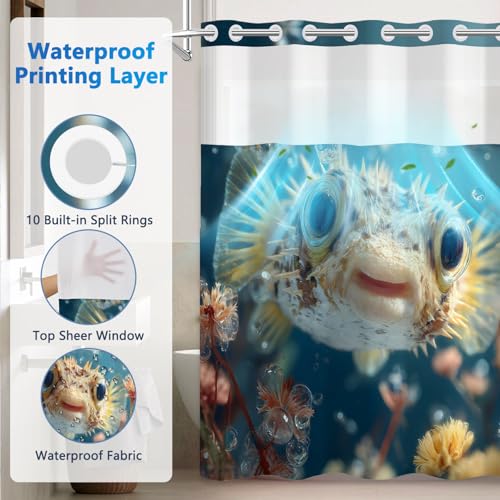 No Hook Shower Curtain and Liner Set, Sea Fish Waterproof Fabric Shower Curtain No Hooks with Snap in Liner, 71x74 Inches Easy Hang Shower Curtains for Bathroom with Mesh Top Window and Weighted Hem - color: Fish