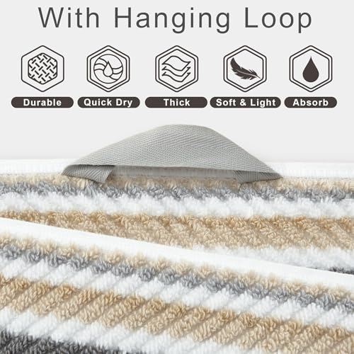 VOOVA & MOVAS Striped Towels 3 Pack, 100% Cotton, Gray Beige | All-Around Bathroom Use, 13x13, 16x27, 28x52 In, Quick Dry, Soft, Absorbent, Bath Towels with Hanging Loops - color: Beige + Gray Striped, size: 3 PCS Bathroom Towels
