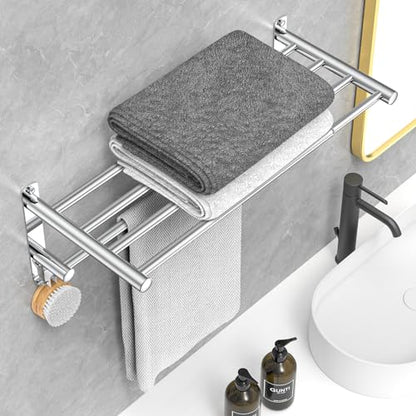 CAXIMSY Adjustable Towel Bar for Bathroom Wall Mount17-30.7inch Adhesive Shower Towel Rack Stainless Steel Bath Towel Holders for Toilet Kitchen Double Towel Hanger (2-Layer Towel Rack)