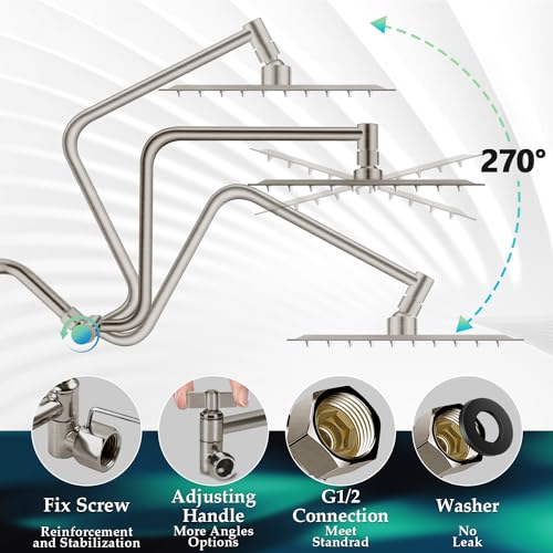 Rain Shower Head Extension Arm, Upgrade 12 Inch Metal Shower Extend Arm, Height/Angle Adjustable Curved Showerhead Extender with 1/2 Universal Connection, Flexible Rise or Lower Shower Head Nickel - color: Nickel