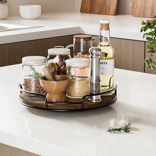 WOWBOX 9" Wood Lazy Susan Turntable Organizer for Cabinet, Pantry & Counter | Smooth 360° Rotation, Space-Saving Wooden Organizer for Spice Jars, Kitchen, Bathroom, Vanity & Tabletop - size: 9"