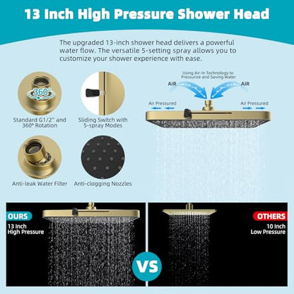Hibbent Rain Shower Head, 13'' High Pressure Rainfall Square 5 Spray Mode Showerhead with 16" Shower Head Extension Arm, Solid Brass Adjustable Shower Arm Extender, Brushed Gold - color: Brushed Gold, style: Square 13'' with Arm