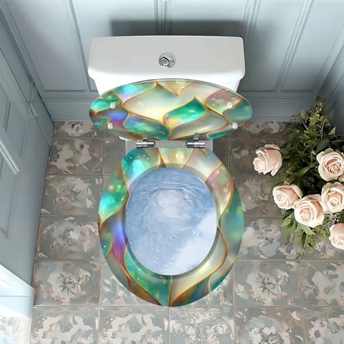 Round Resin Toilet Seat, Quietly Close Quick Release Hinges Cover | Toilet Lid Cover Easy to Clean and Install, Sophisticated Mosaic Pearlescent Gold Accents Heavy Duty Toilet Seat - color: pattern9, size: O-shape