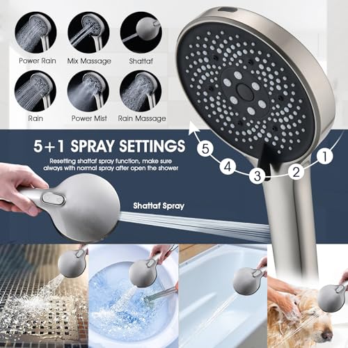 PDPBath 14 Inch Rain Shower Head with 5+1 Settings Handheld Spray Combo, High Pressure Rainfall Shower Head with 16'' Adjustable Extension Arm, 79" Extra Long Hose, 3-Way Diverter, Brushed Nickel - color: Brushed Nickel