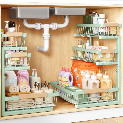 PXRACK Under Sink Organizer, 2-Pack 3-Tier Height Adjustable Thickened Metal Pull out Cabinet Organizer Shelf, Slide out Storage Drawer Rack for Bathroom Kitchen Pantry Home Organization, Green - color: Green, size: 2-Pack