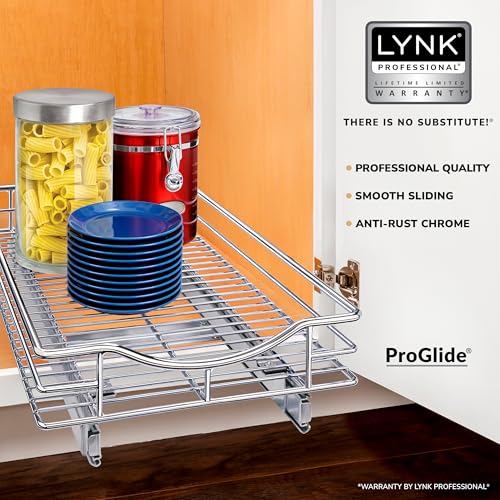 LYNK PROFESSIONAL® Pull Out Cabinet Organizer, Kitchen Slide Out Drawer | 11W x 21D chrome rollout shelf creates easy-access storage for cookware, pantry items and kitchen essentials inside cabinets - size: 11" W x 21" D