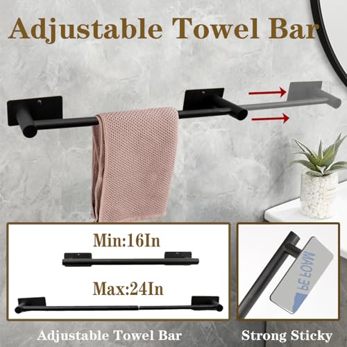 5 PCS Self Adhesive Bathroom Hardware Set, Stainless Steel Towel Rack Set Include Adjustable 24In Bath Towel Bar+Toilet Paper Holder+3 Towel/Robe Hooks Bathroom Accessory(Matte Black) - color: Matte Black, size: 24 In-5 Pcs