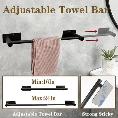 5 PCS Self Adhesive Bathroom Hardware Set, Stainless Steel Towel Rack Set Include Adjustable 24In Bath Towel Bar+Toilet Paper Holder+3 Towel/Robe Hooks Bathroom Accessory(Matte Black) - color: Matte Black, size: 24 In-5 Pcs