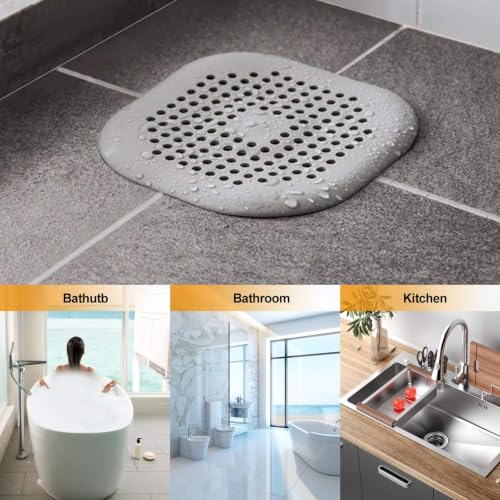 Hair Drain Catcher,Square Drain Cover for Shower Silicone Hair Stopper with Suction Cup,Easy to Install Suit for Bathroom,Bathtub,Kitchen 2 Pack (Grey White) | Drainer Cover Silicone Hair Stopper with Suction Cups,Protector Accessories,Easy to Install Sui