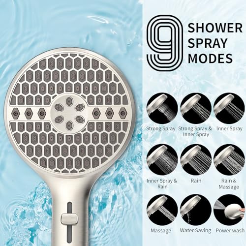 Brushed Nickel Handheld Shower Head, 9 Spray Modes High Pressure Showerhead | 71 Inch Kink-free Hose, Power Wash for Low Pressure Homes, Pet Tub Tile Cleaning - color: Brushed Nickel- 4.53 Inch