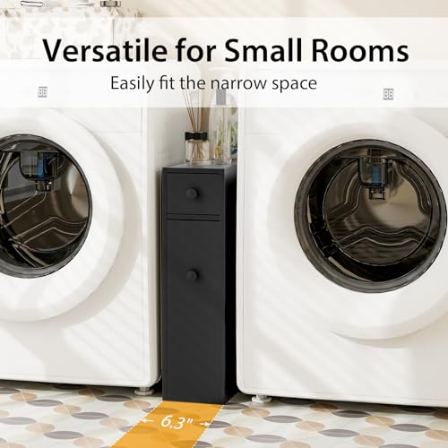Tangkula Slim Bathroom Cabinet, Free-Standing Storage Cabinet with Slide Out Drawers, Narrow Floor Home Organizer Next to Toilet, Bathroom Toilet Paper Holder, 19 x 6.5 x 23 Inch (Black) - color: Black