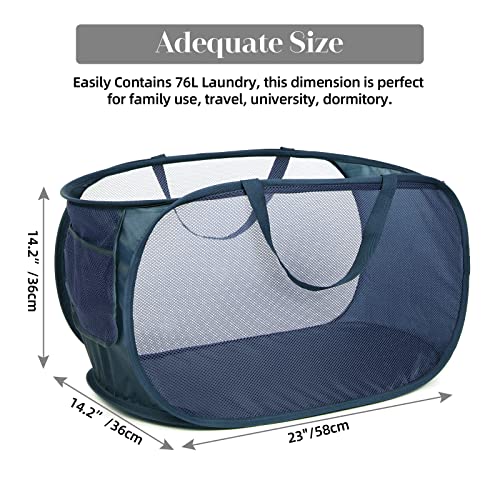 Durable Collapsible Laundry Baskets, Mesh Pop Up Laundry Hamper with Side Pocket, Foldable Clothes Hamper with Reinforced Carry Handles for Laundry, Bathroom, Kids Room, Dorm, Travel 2 Pack Navy Blue - color: 2 x Navy Blue