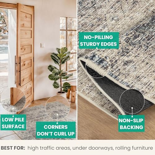 Bloom Rugs Caria Washable Non-Slip 7 ft Runner - Beige Brown/Teal Traditional Runner for Entryway, Hallway, Bathroom, and Kitchen - Exact Size: 2'6" x 7' - color: Beige Brown / Teal, size: 2'6" x 7' (Runner)