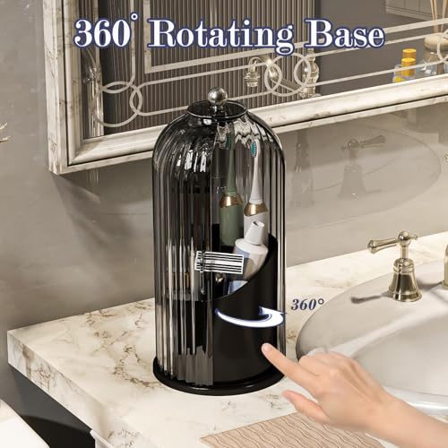 Toothbrush and Toothpaste Holders with Cover, Grey Black | Waterproof and Dustproof, 360° Rotating Base, Smooth Sliding Door, 3 Slots, for Bathroom Countertop - color: Grey Black