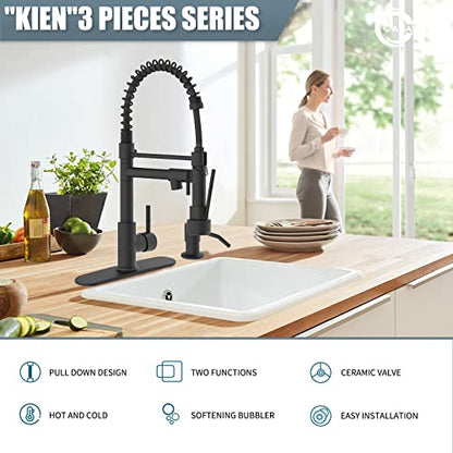 Kitchen Faucet with Soap Dispenser, Single Handle Spring Kitchen Sink Faucets with Pull Down Sprayer and Deck Plate,Black Faucet for Camper Farmhouse RV Kitchen Sink,Dual Function Spray Head - color: A.Matte Black, style: 1.Faucet+Soap Dispenser+Hole Cove