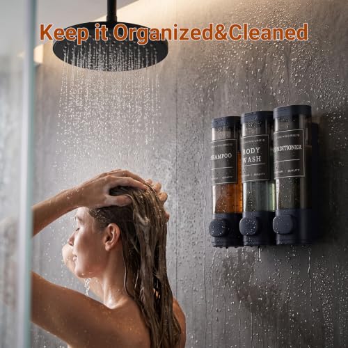 Shampoo and Conditioner Dispenser,Shower Soap Dispenser 3 Chamber No Drill Wall-Mounted for Bathroom & Hotel Leak-Proof Pumps, for Thick Liquids Like Conditioner - 1050ML High Capacity, Dark Blue - color: Dark Blue