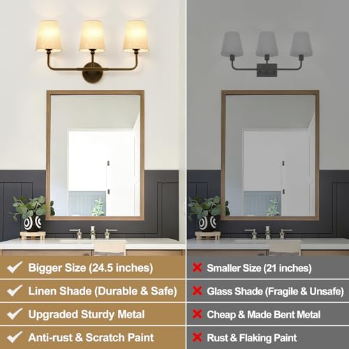 MOKATNG Bathroom Light Fixtures, 3-Light Oil-Rubbed Bronze Vanity Lights, Bathroom Lighting Fixtures Over Mirror with Flared Linen Shade, Modern Wall Sconces for Living Room Hallway - color: Oil-Rubbed Bronze & Beige Shade